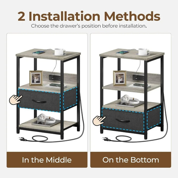 LED Nightstand Tables with Charging Station & Drawer