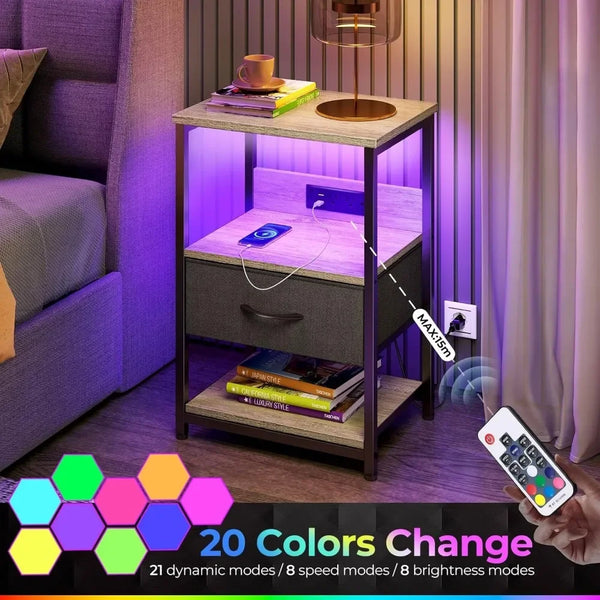 LED Nightstand Tables with Charging Station & Drawer