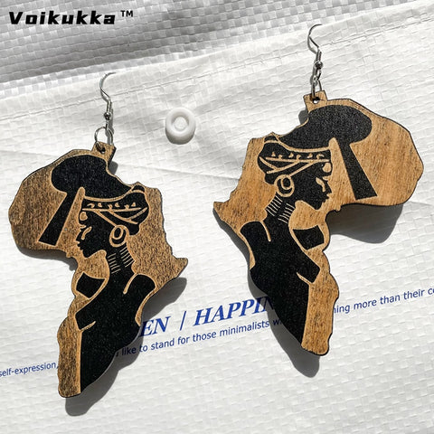 Africa Shaped Wood Drop Earrings